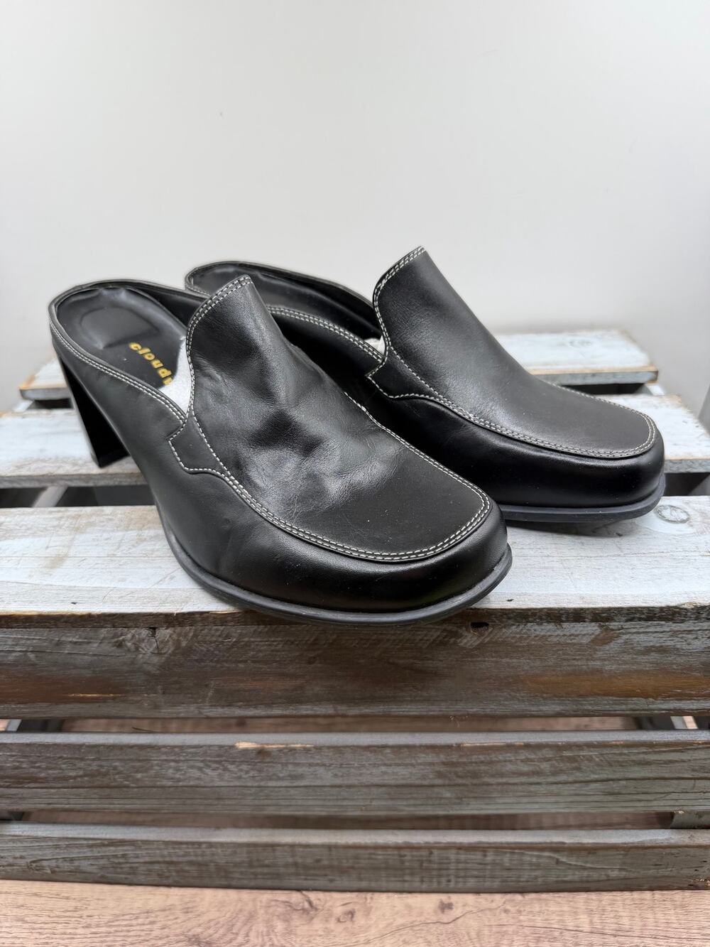 Cloudwalkers Token Black Leather Heeled Mules- Square Toe Clogs -Womens Size 9 W